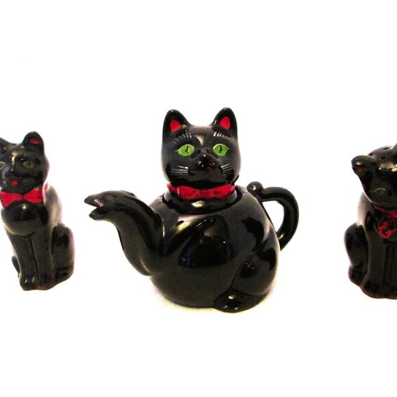 Vtg Shafford Ebony black red bowed cat teapot with salt & pepper black grown cat - Picture 9 of 15